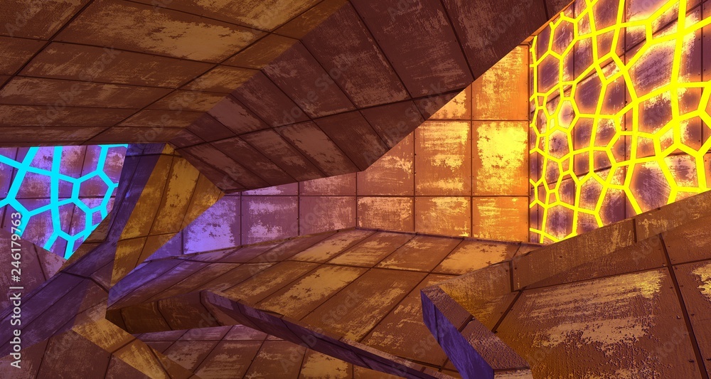 Obraz premium Abstract Concrete Futuristic Sci-Fi interior With Yellow And Blue Glowing Neon Tubes . 3D illustration and rendering.