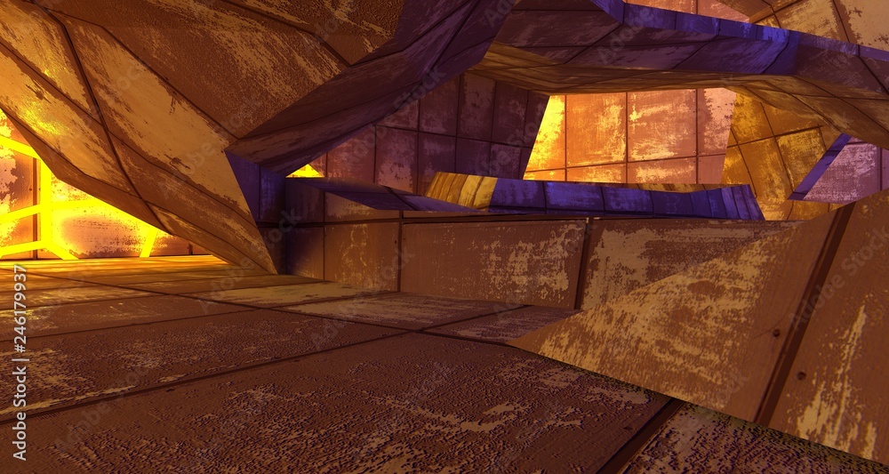 Abstract  Concrete Futuristic Sci-Fi interior With Yellow And Blue Glowing Neon Tubes . 3D illustration and rendering.
