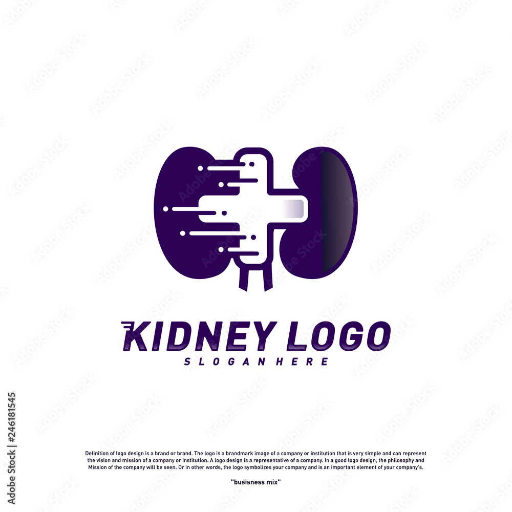 Kidney with Plus Health Logo Design Concept. Urology Logo Vector Template