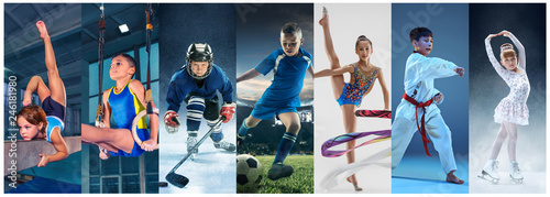 Attack. Sport collage about teen or child athletes or players. The soccer football, ice hockey, figure skating, karate martial arts, rhythmic gymnastics. Little boys and girls in action or motion