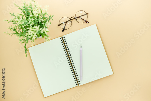 Stationary concept, Flat Lay top view Photo of notepad and a green plant on pink background with copy space.Creative flat lay photo minimal style. Flat lay blog mock-up. 
