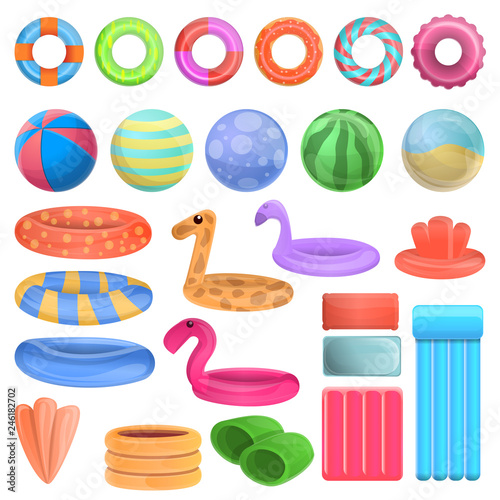 Pool equipment icons set. Cartoon set of pool equipment vector icons for web design