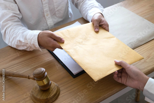 Lawyer send a contract documents to client in office. consultant lawyer, attorney, court judge, concept.