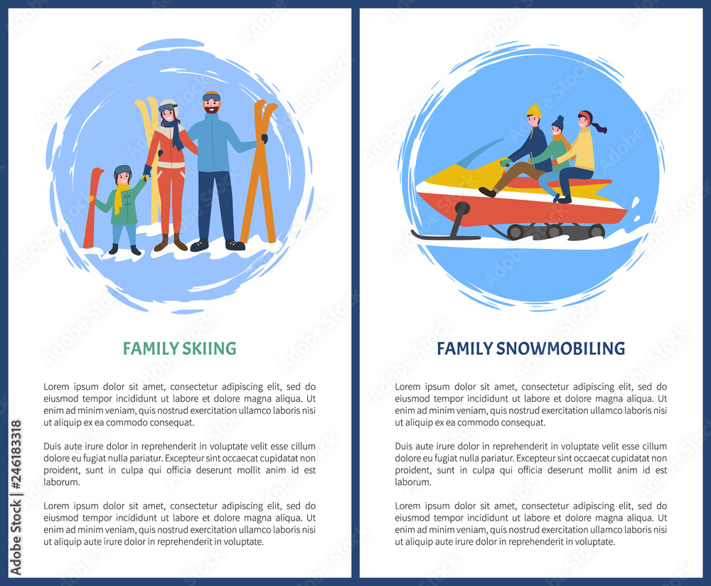 Obraz premium Family skiing, snowmobiling hobby in winter season vector. Poster with text sample, snowmobile with mother father and kid, children and parents set