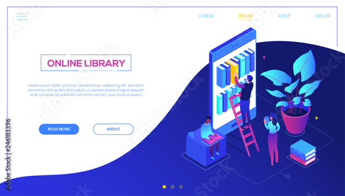 Online library - modern colorful isometric vector web banner