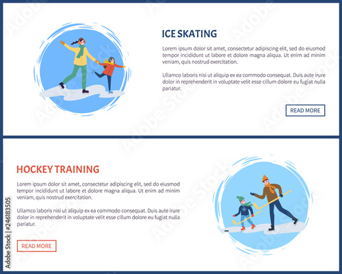 Hockey training winter games and sports web pages set with text sample vector. Man with kid skating on ice rink, holding wooden sticks hockey training