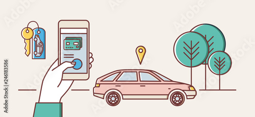 Web banner template with hand holding smartphone and automobile on city street