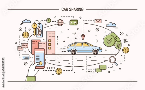 Banner template with hand holding mobile phone, keys and automobile on city street. Car sharing and rental electronic service or carsharing application. Modern vector illustration in linear style.