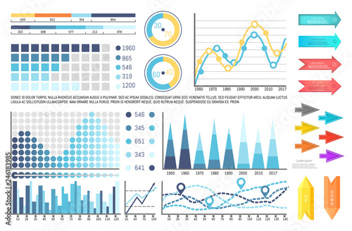 Infograph and pie diagrams, business concept vector. Graphic representation of data results. Set for infographics presentation of info in flowcharts and increasing lines