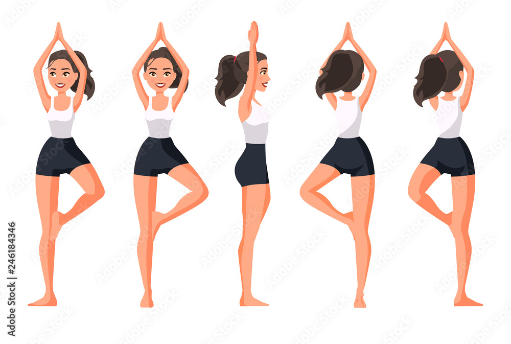 Vector illustration of sportive women in Tree position with namaste hands  up. Cartoon realistic people practicing yoga. Flat young woman. Front view  girl, Side view, Back side. Standing yoga poses. Stock Vector |