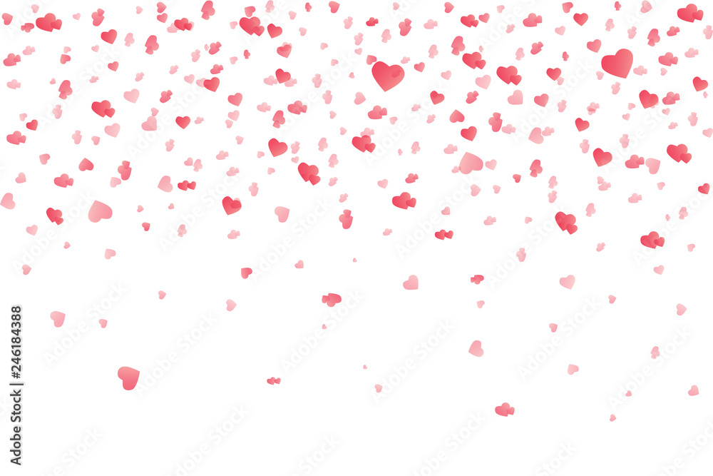 Heart confetti falling down isolated. Valentines day concept. Heart shapes overlay background. Vector festive illustration.
