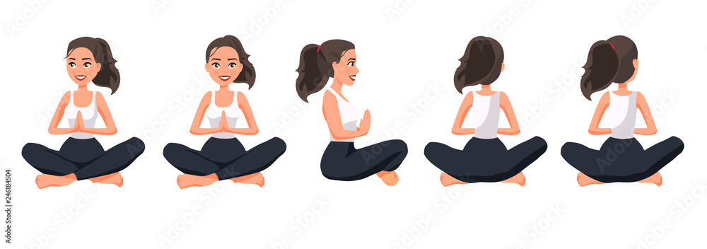 Vector illustration of sportive women in lotus position with namaste hands. Cartoon realistic people illustration practicing yoga. Flat young woman. Front view girl, Side view girl, Back side view. Stock Vector | Vector illustration of sportive women in lotus position with namaste hands. Cartoon realistic people illustration practicing yoga. Flat young woman. Front view girl, Side view girl, Back side view. Stock Vector |
