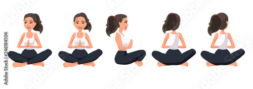 Vector illustration of sportive women in lotus position with namaste hands. Cartoon realistic people illustration practicing yoga. Flat young woman. Front view girl, Side view girl, Back side view.
