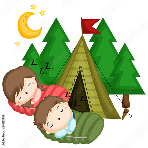 a sleeping kids in a sleeping bag outside their tent 