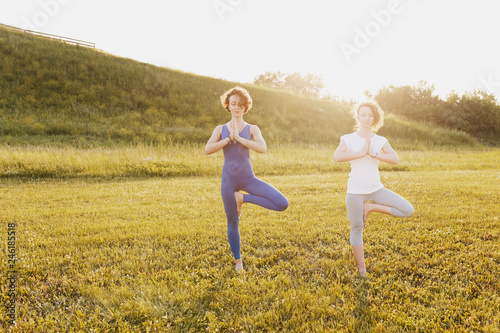 Two slim beautiful healthy young girls yoga lovers doing vrikshasana on a green lawn in a sunny summer park a warm day. Healthy slim body concept