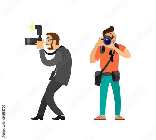 Freelancer taking photos and journalist in glasses wearing suit vector illustrations. Photographer and paparazzi, modern cameras with flash light gear