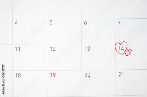 14 Feburary with red or pink heart on calendar - Valentine's Day concept.