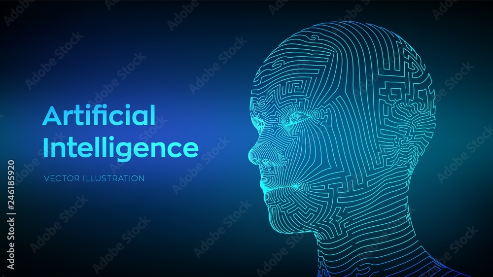 AI. Artificial intelligence concept. Ai digital brain. Abstract digital human face. Human head in robot digital computer interpretation. Robotics concept. Wireframe head concept. Vector illustration. AI. Artificial intelligence concept. Ai digital brain. Abstract digital human face. Human head in robot digital computer interpretation. Robotics concept. Wireframe head concept. Vector illustration.