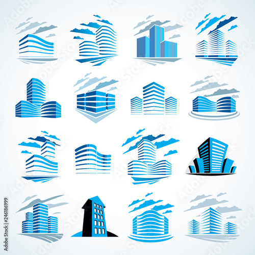 City buildings business financial office vector design set. Futuristic architecture illustrations collection. Real estate realty office center designs. 3D futuristic facades in big city.