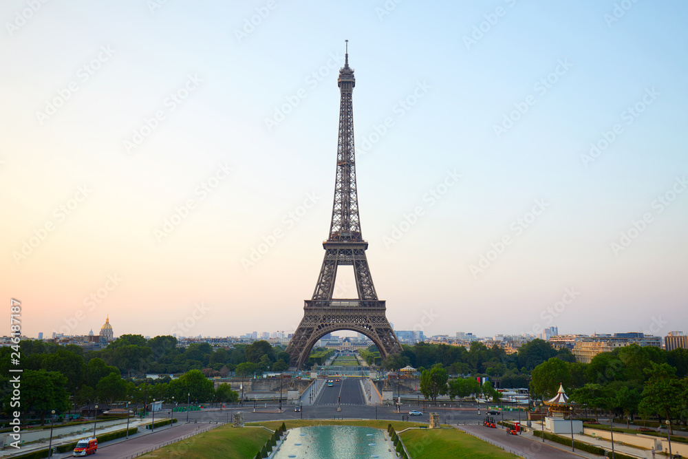Eiffel tower, clear summer morning from Trocadero in Paris, France