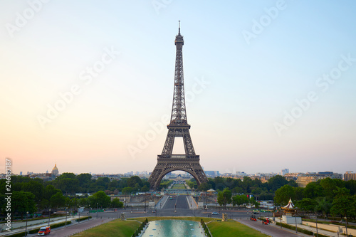 Eiffel tower, clear summer morning from Trocadero in Paris, France