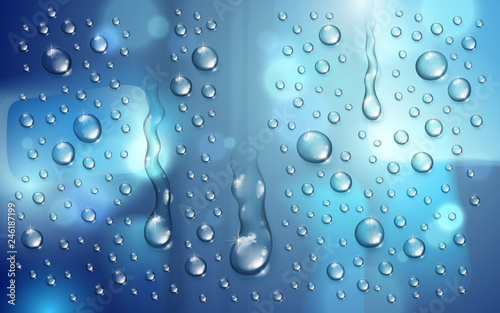 Water rain drops or condensation over blurred background beyond the window realistic transparent 3d vector illustration, easy to put over any background or use droplets separately.
