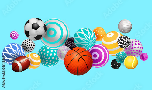 3D volumetric balls, balls of different sports, on a bright background with multi-colored object