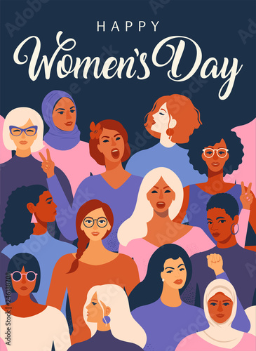 Female diverse faces of different ethnicity poster. Women empowerment movement pattern. International womens day graphic in vector.