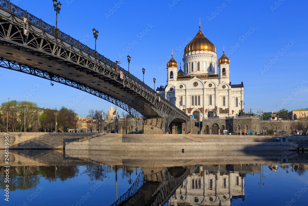 Cathedral of Christ the Saviour and Patriarshiy Bridge over Moskva river at sunny spring morning