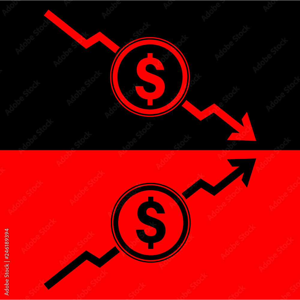 Dollar sign icon and incremental and declination arrow for business, investment, salary, income, revenue, profit, cost, ebitda, patami, stock market and wealth Dollar sign icon and incremental and declination arrow for business, investment, salary, income, revenue, profit, cost, ebitda, patami, stock market and wealth