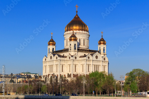 Cathedral of Christ the Saviour in Moscow on a blue sky background in sunny spring morning