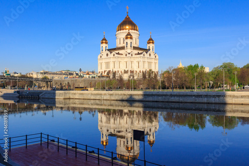 Cathedral of Christ the Saviour in Moscow on a background of Moskva river in sunny spring morning