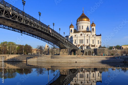 Cathedral of Christ the Saviour and Patriarshiy Bridge over Moskva river at sunny spring morning