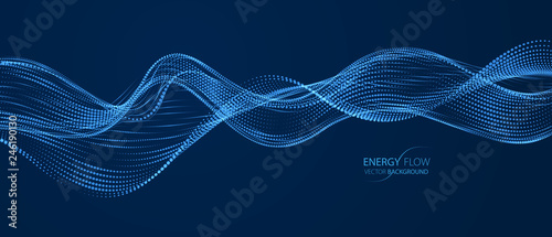 3d particles mesh array, sound wave flowing over dark background. Shining points vector effect illustration. Blended mesh, 3d futuristic technology style.