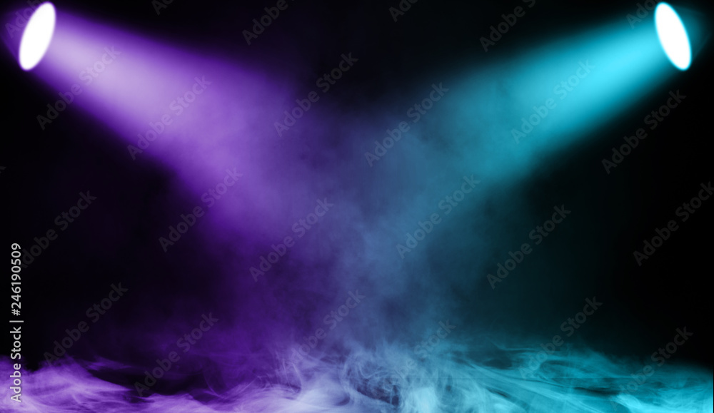 Colorful projector. Spotlight stage with smoke on the floor . Isolated background texture.