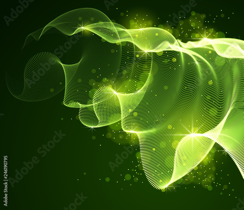 Flowing magic particles wave over dark, transparent tulle textile on wind, dynamic motion curve lines. 3d vector illustration. Beautiful calming wave shaped array of blended points.