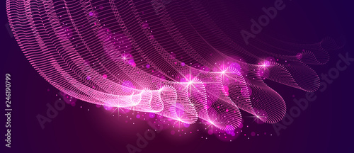 Wave of flowing particles over dark abstract vector magic background, smooth curvy shape dots transparent tulle textile on wind. 3d shape dots blended mesh, relaxing wallpaper.