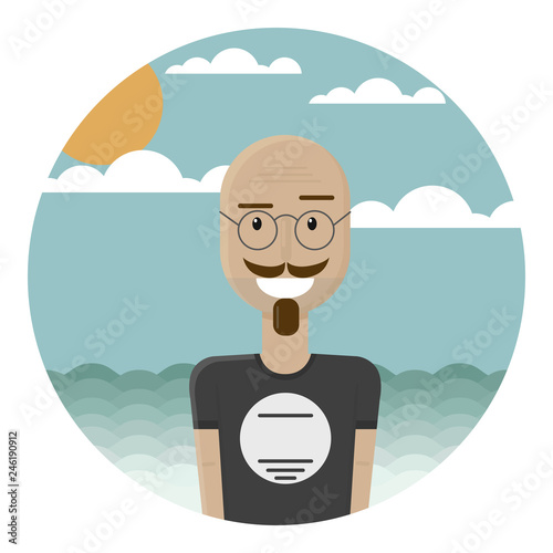 Bald mustache man in round glasses and in a t-shirt. He is smiling and standing on a tropical beach. Hipster tourist.