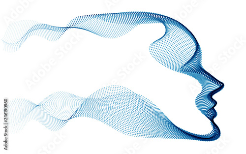 Beautiful futuristic illustration of human head made of dotted particles flow array, wavy shapes lines vector electronic soul of futuristic smart machines.