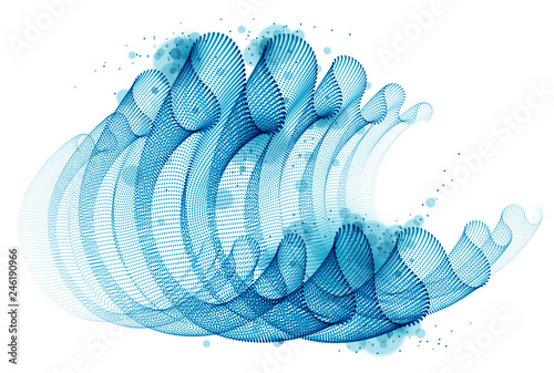Dynamic particles wave flowing, transparent tulle textile on wind. Dotted curves vector abstract background. Beautiful 3d wave shaped array of blended points.