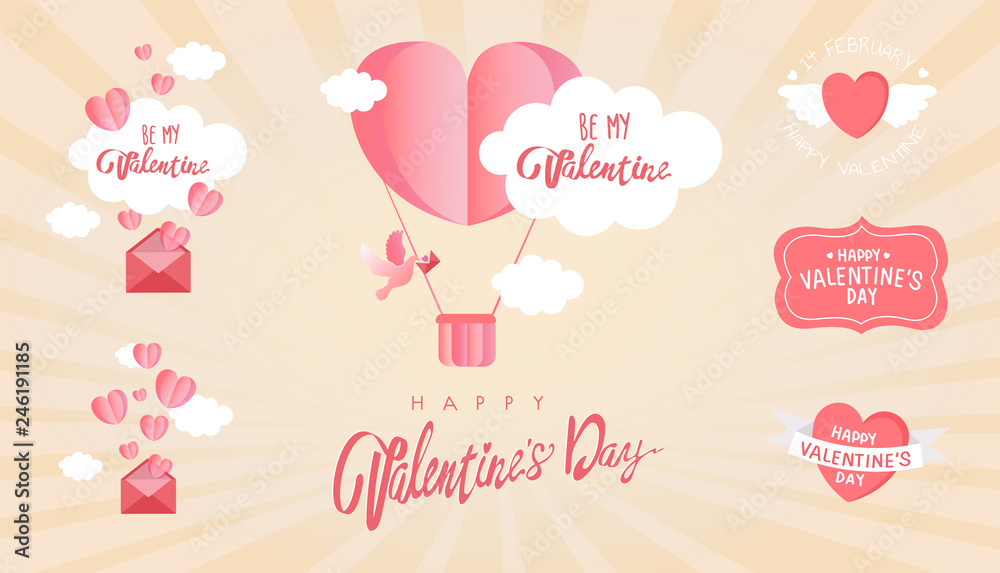 Collection of Valentine's day greeting cards with hand written love words and phrases with many hand drawn elements.14 february,card,label,banner design set with background.Vector illustration.