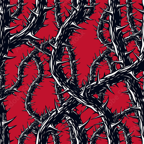 Horror art style seamless pattern, vector background. Blackthorn branches with thorns stylish endless illustration. Hard Rock and Heavy Metal subculture music textile fashion stylish design.