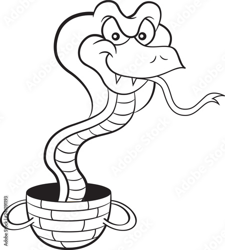 Black and white illustration of a cobra coming out of a basket.
