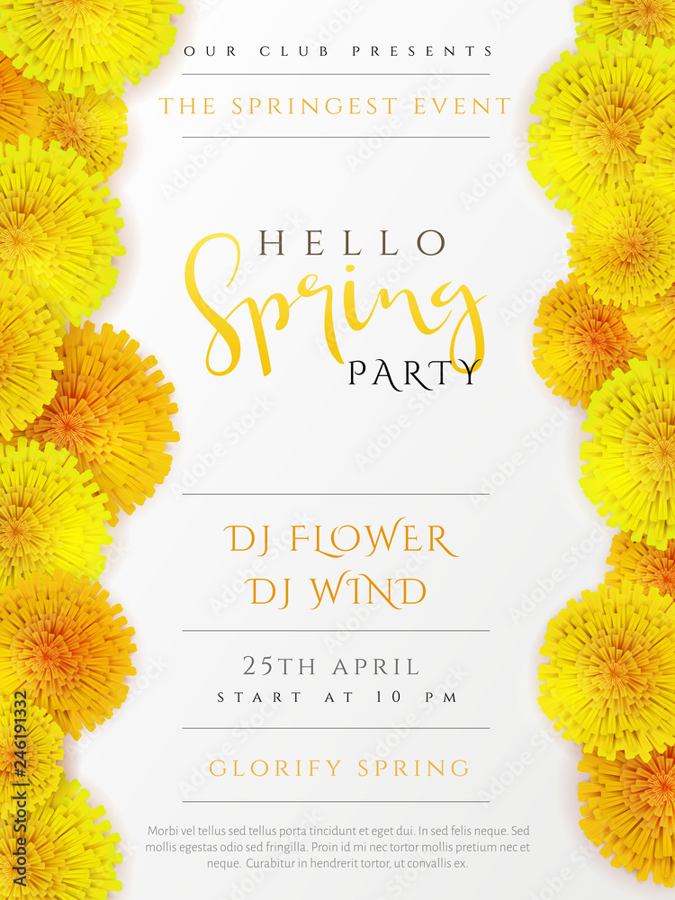 Naklejka premium Vector spring party poster with lettering, lilac flowers and doodle branches