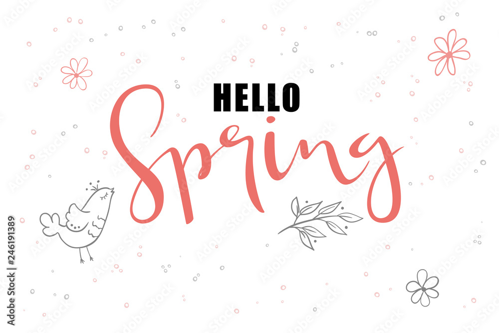 vector hand lettering hello spring greetings label with doodle hanging baubles and flowers