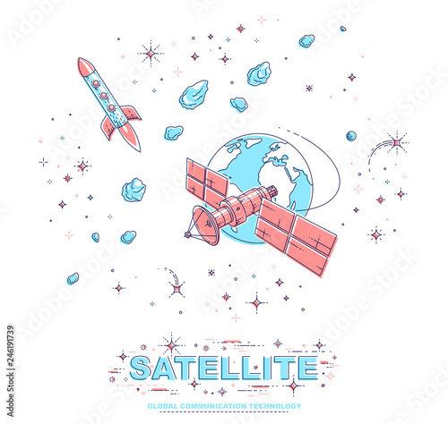 Communication satellite flying orbital spaceflight around earth, spacecraft space station with solar panels and satellite antenna plate, with rockets, stars and other elements. Vector.