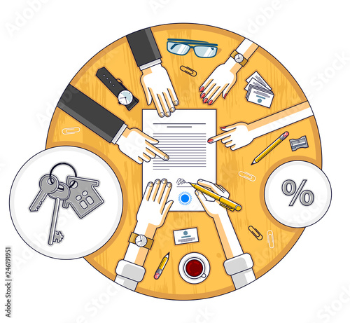 Man signs bank mortgage hypothec for real property house buying and employee explains terms of loan credit, top view of desk with people hands and paper documents. Vector illustration.