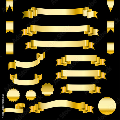 Set of golden ribbons and labels. Heraldic banners vector illustration.