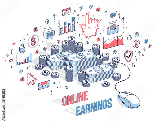 Online finance concept, web payments, internet earnings, online banking, money stacks with computer mouse. Isometric 3d vector finance illustration with icons, stats charts and design elements. © Sylverarts
