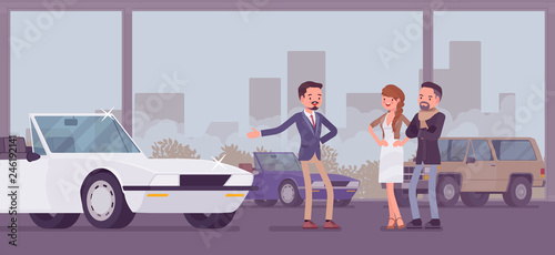 Car showroom, dealer and vehicle buyers